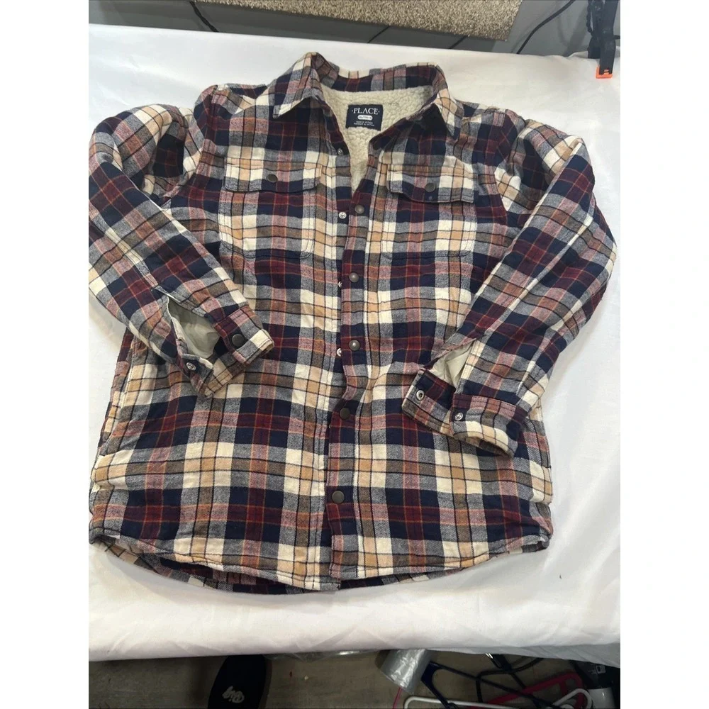 Children's Place Button Up Sherpa Sz XXL 16 Maroon Plaid Pockets Long Sleevewarm